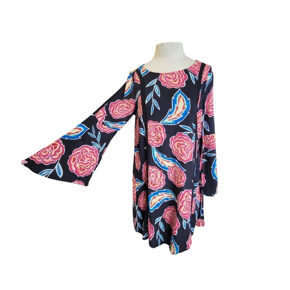 Roxy Bell Sleeve Floral Print Shift Dress-M Boho Sheer Net Lace Inset - Picture 5 of 12